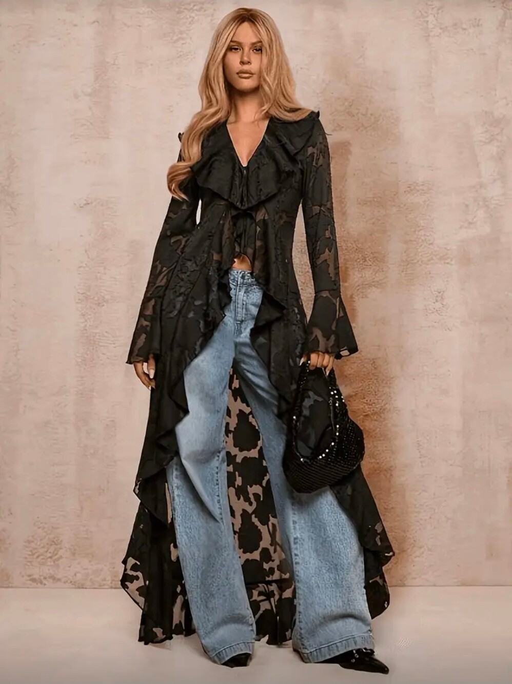Black Sheer Floral Pattern Ruffle Long Jacket with Flared Sleeves duster kimono
